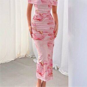 Pink Boho Women's Valentine's Day Floral Print Off-Shoulder Mesh Maxi Dress